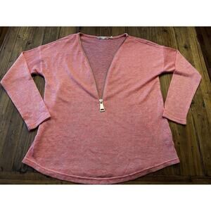 Soft Surrounding Women’s Valentina Zip Sweater Pink Size Medium Knit Top V-neck